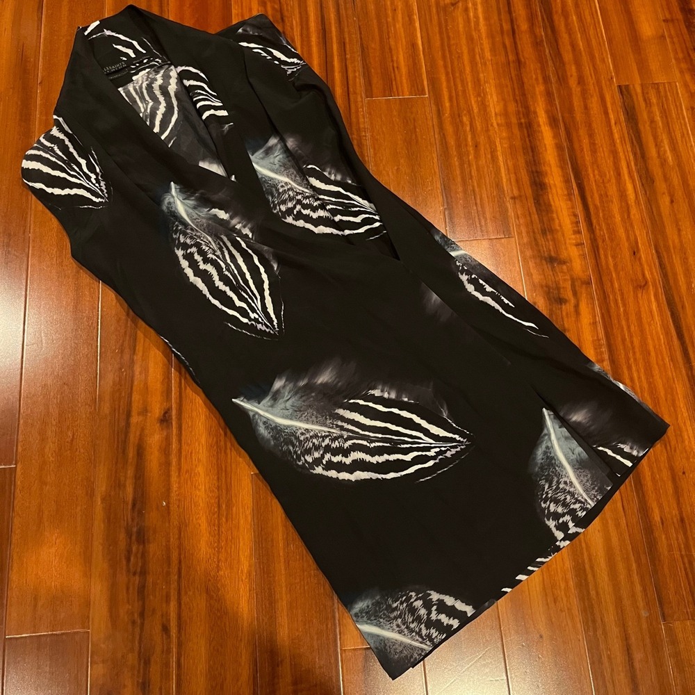 AllSaints‎ Silk Black Dress Sleeveless Feather Print Drape Collar Midi Size US 0
